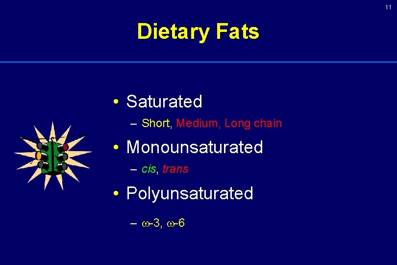 11 Dietary Fats • Saturated – Short, Medium, Long chain • Monounsaturated – cis, 11 Dietary Fats • Saturated – Short, Medium, Long chain • Monounsaturated – cis,