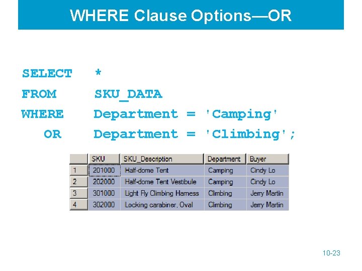 WHERE Clause Options—OR SELECT FROM WHERE OR * SKU_DATA Department = 'Camping' Department =