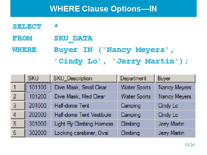 WHERE Clause Options—IN SELECT FROM WHERE * SKU_DATA Buyer IN ('Nancy Meyers', 'Cindy Lo',
