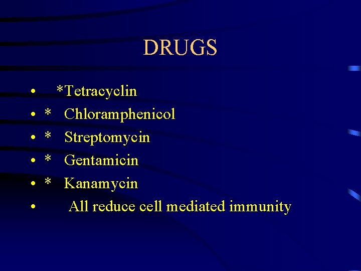 DRUGS • • • *Tetracyclin * Chloramphenicol * Streptomycin * Gentamicin * Kanamycin All