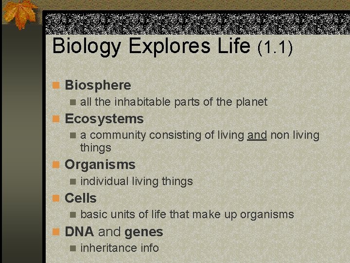 Biology Explores Life (1. 1) n Biosphere n all the inhabitable parts of the