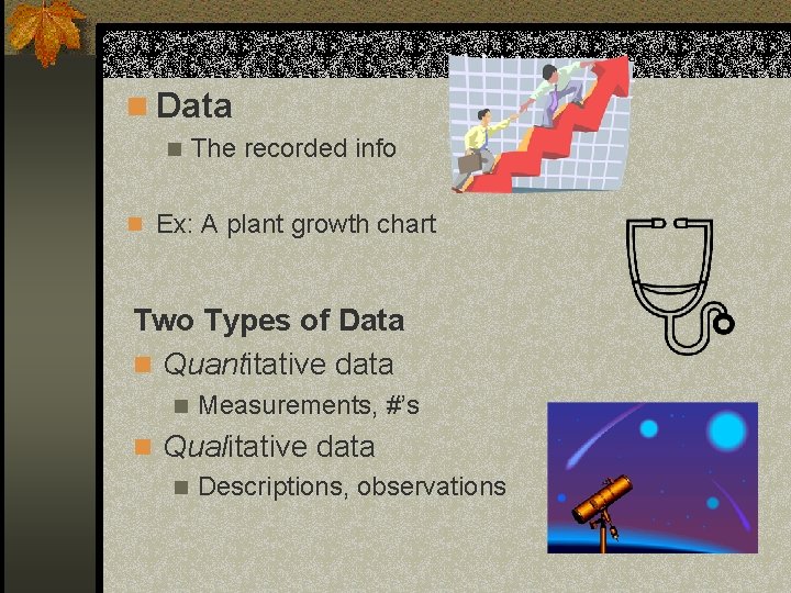 n Data n The recorded info n Ex: A plant growth chart Two Types