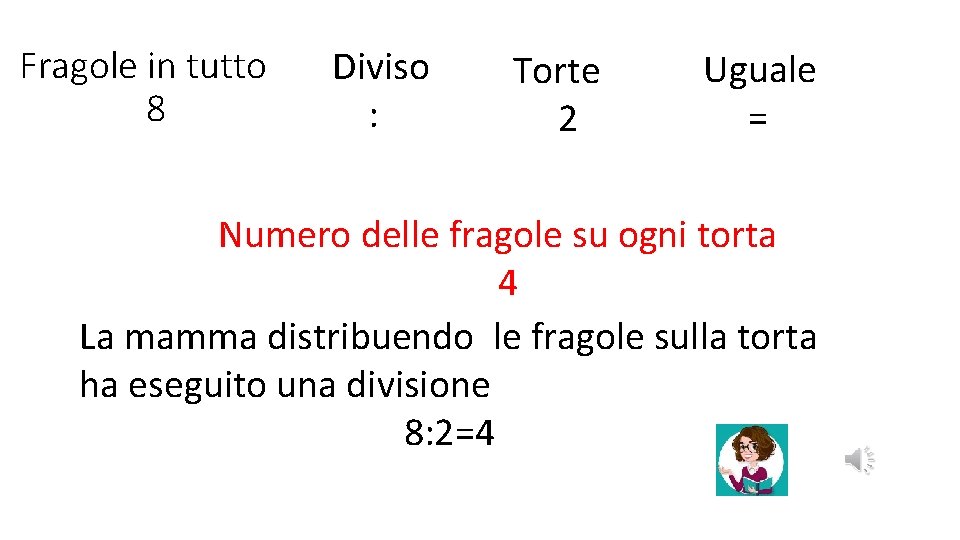 Fragole in tutto 8 Diviso : Torte 2 Uguale = Numero delle fragole su