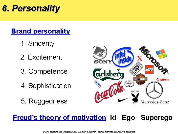 6. Personality Brand personality 1. Sincerity 2. Excitement 3. Competence 4. Sophistication 5. Ruggedness