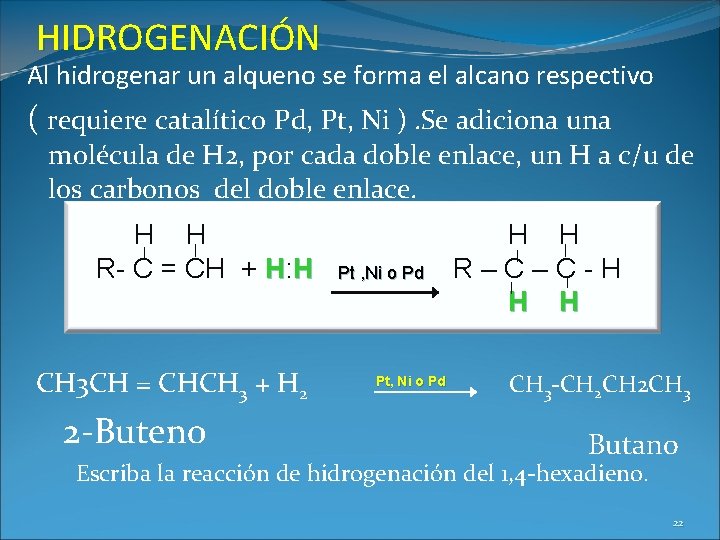 HIDROGENACIÓN Al hidrogenar un alqueno se forma el alcano respectivo ( requiere catalítico Pd,