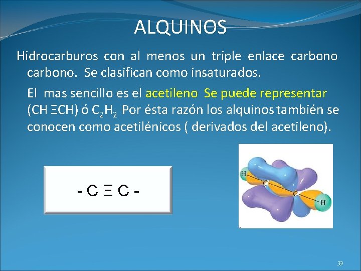 ALQUINOS Hidrocarburos con al menos un triple enlace carbono. Se clasifican como insaturados. El