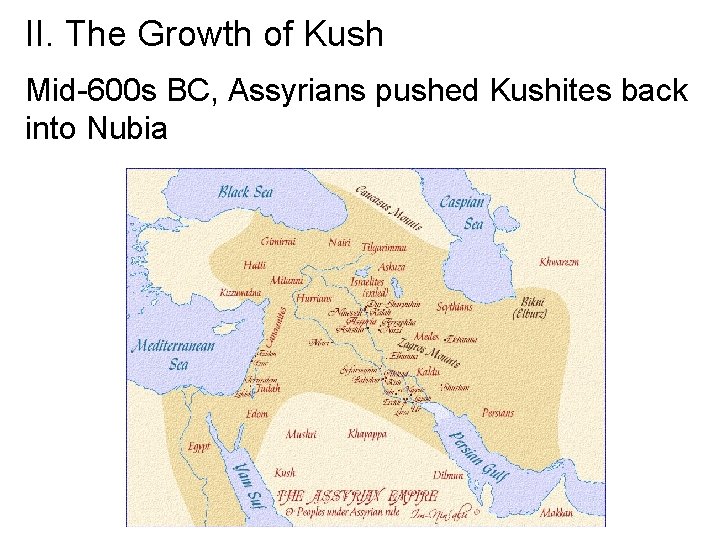 II. The Growth of Kush Mid-600 s BC, Assyrians pushed Kushites back into Nubia