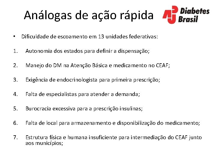 Análogas de ação rápida • Dificuldade de escoamento em 13 unidades federativas: 1. Autonomia