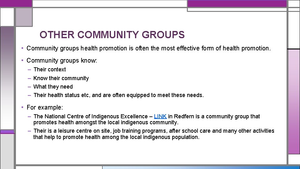 OTHER COMMUNITY GROUPS • Community groups health promotion is often the most effective form