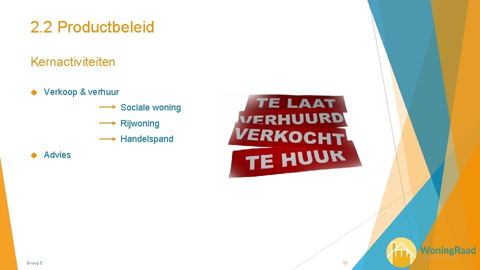 2. 2 Productbeleid Kernactiviteiten Verkoop & verhuur Sociale woning Rijwoning Handelspand Groep 5 Advies