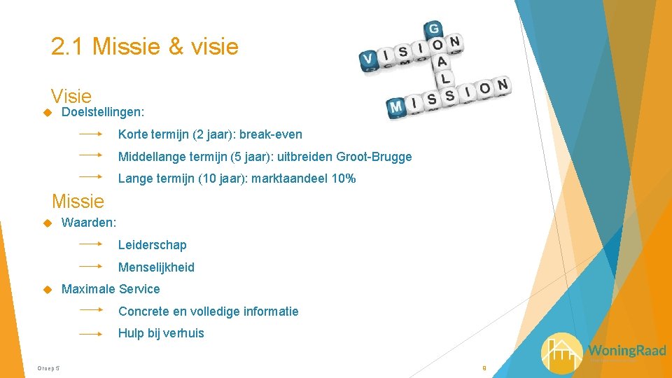 2. 1 Missie & visie Visie Doelstellingen: Korte termijn (2 jaar): break-even Middellange termijn