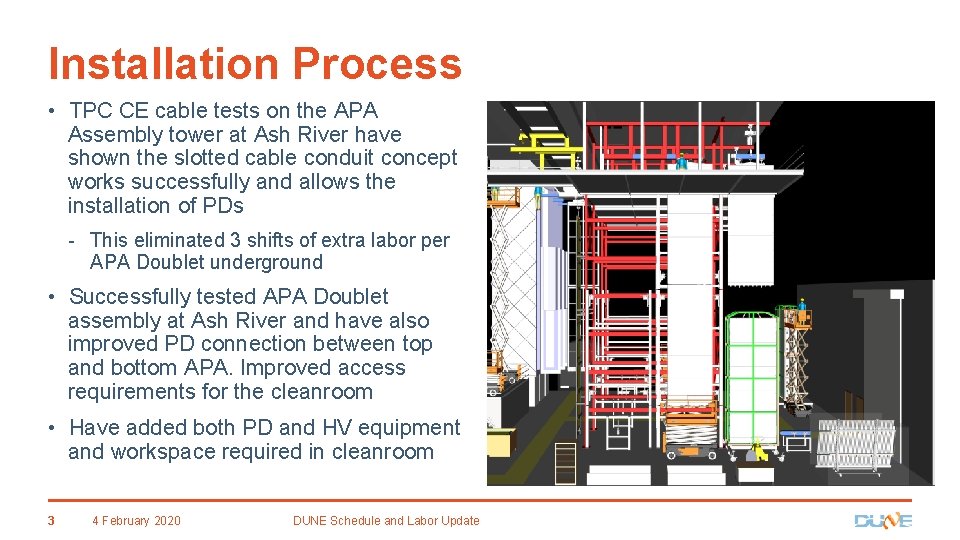 Installation Process • TPC CE cable tests on the APA Assembly tower at Ash