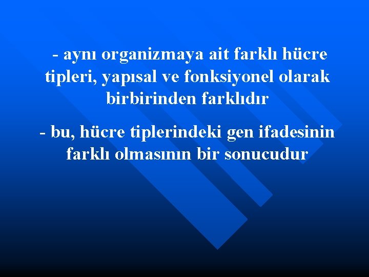 - aynı organizmaya ait farklı hücre tipleri, yapısal ve fonksiyonel olarak birbirinden farklıdır -