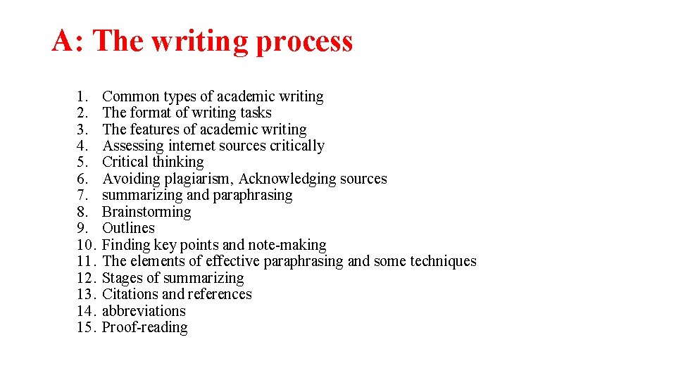 A: The writing process 1. 2. 3. 4. 5. 6. 7. 8. 9. 10.