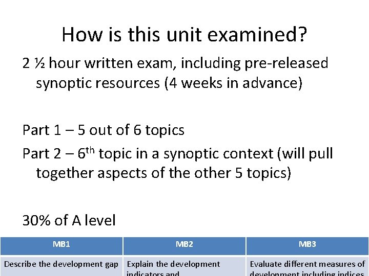 How is this unit examined? 2 ½ hour written exam, including pre-released synoptic resources