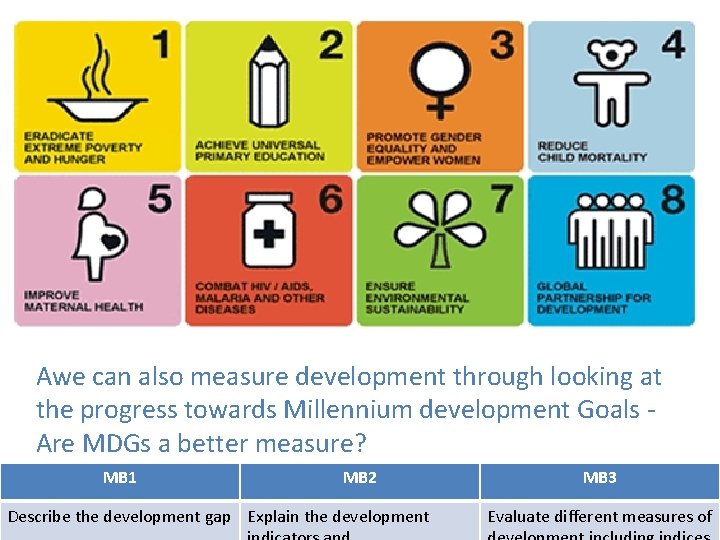 Awe can also measure development through looking at the progress towards Millennium development Goals