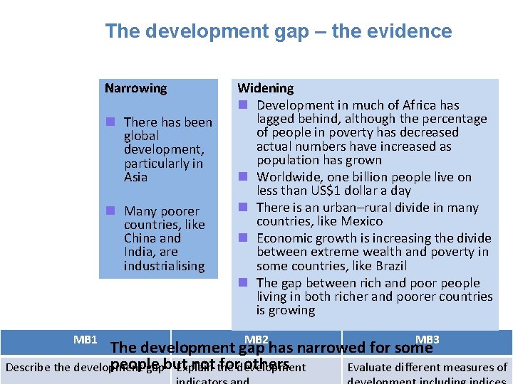 The development gap – the evidence Narrowing n There has been global development, particularly