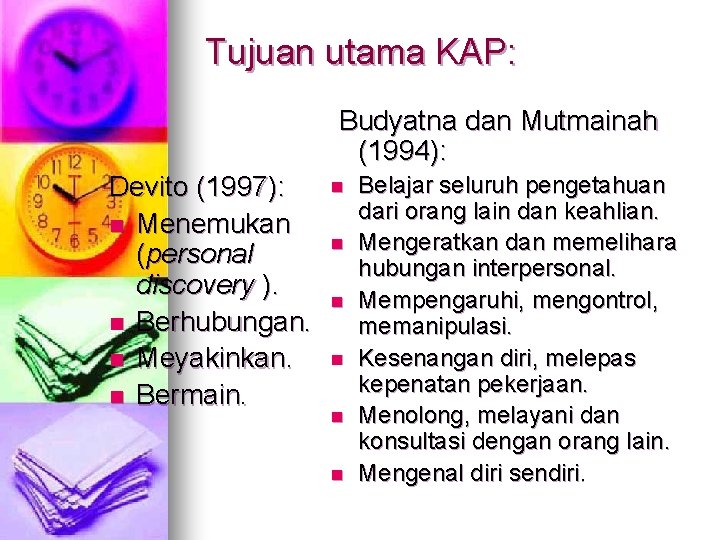 Tujuan utama KAP: Budyatna dan Mutmainah (1994): Devito (1997): n Menemukan (personal discovery ).