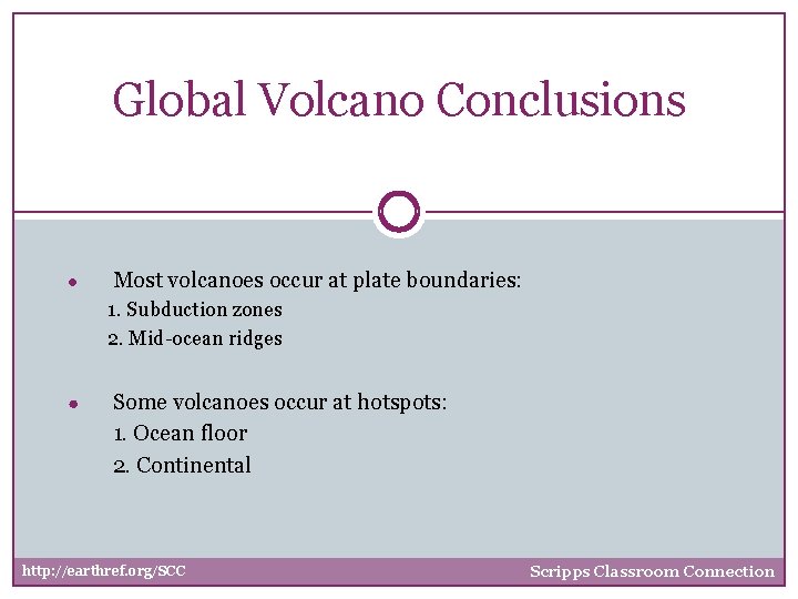 Global Volcano Conclusions ● Most volcanoes occur at plate boundaries: 1. Subduction zones 2.