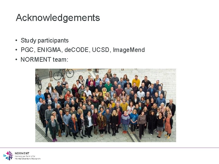 Acknowledgements • Study participants • PGC, ENIGMA, de. CODE, UCSD, Image. Mend • NORMENT