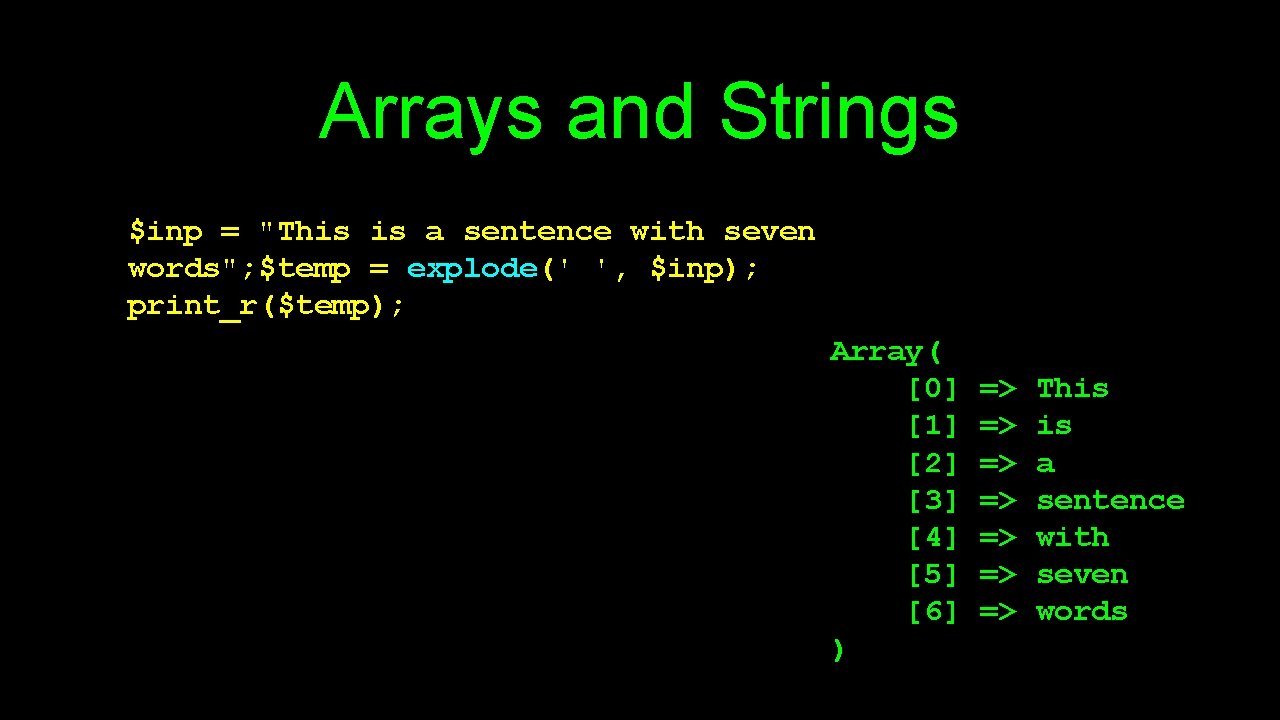 Arrays and Strings $inp = "This is a sentence with seven words"; $temp =