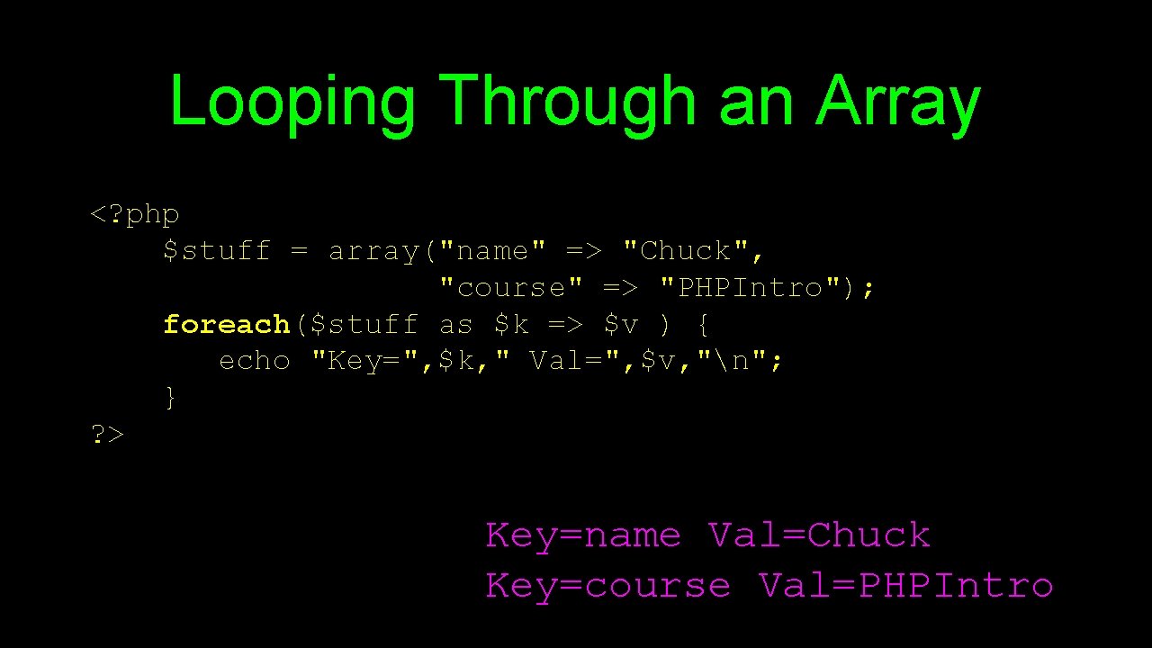 Looping Through an Array <? php $stuff = array("name" => "Chuck", "course" => "PHPIntro");