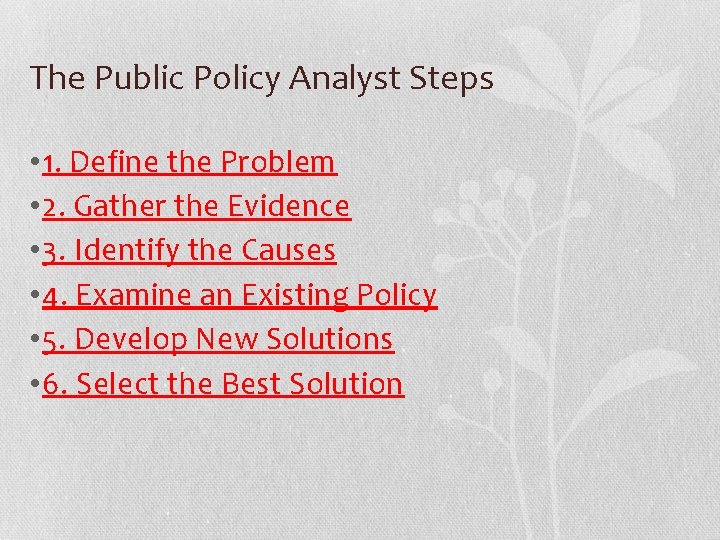 The Public Policy Analyst Steps • 1. Define the Problem • 2. Gather the