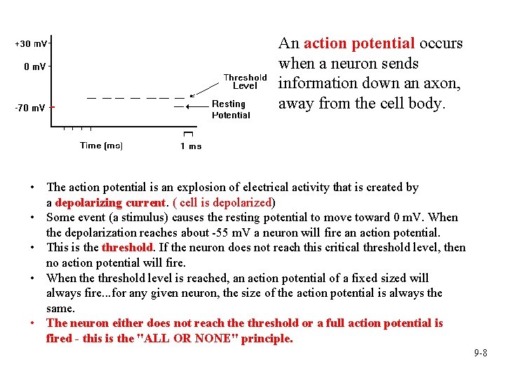 An action potential occurs when a neuron sends information down an axon, away from