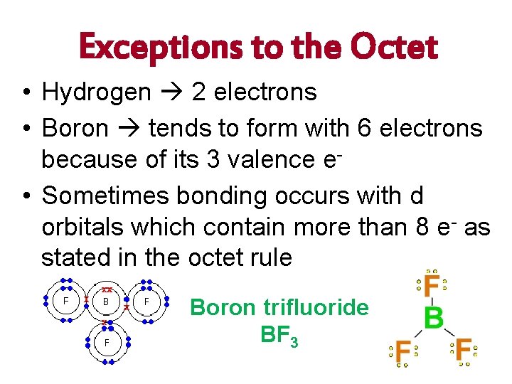 Exceptions to the Octet • Hydrogen 2 electrons • Boron tends to form with