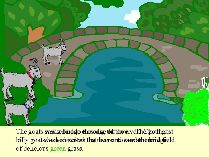 The goats saw walked a bridge up to crossing the edge the of the