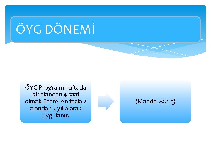 ÖYG DÖNEMİ ÖYG Programı haftada bir alandan 4 saat olmak üzere en fazla 2