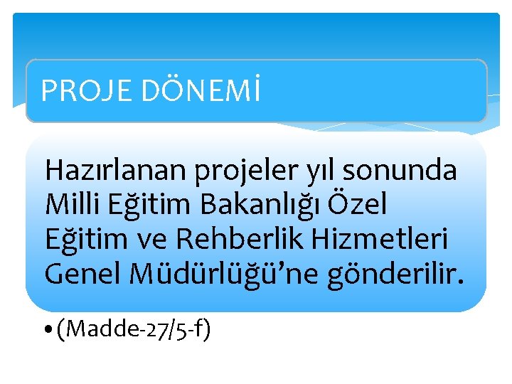 PROJE DÖNEMİ Hazırlanan projeler yıl sonunda Milli Eğitim Bakanlığı Özel Eğitim ve Rehberlik Hizmetleri