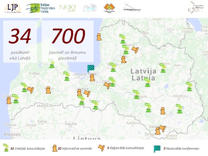 34 700 pasākumi visā Latvijā 16 Vietējās konsultācijas jaunieši un lēmumu pieņēmēji 10 Informatīvie