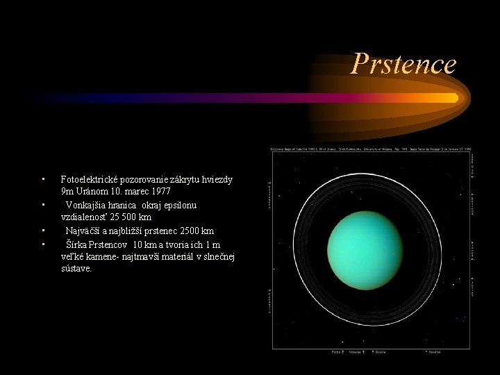 Prstence • • Fotoelektrické pozorovanie zákrytu hviezdy 9 m Uránom 10. marec 1977 Vonkajšia