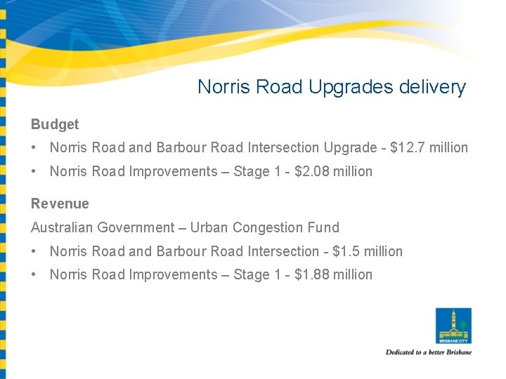 Norris Road Upgrades delivery Budget • Norris Road and Barbour Road Intersection Upgrade -