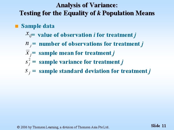 Analysis of Variance: Testing for the Equality of k Population Means n Sample data