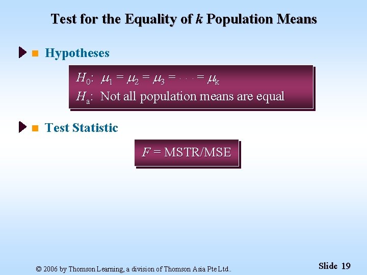 Test for the Equality of k Population Means n Hypotheses H 0: 1 =