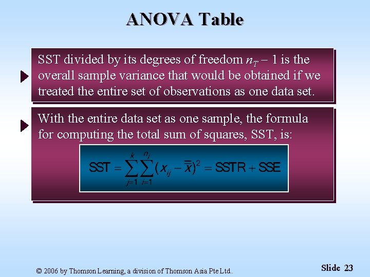 ANOVA Table SST divided by its degrees of freedom n. T – 1 is