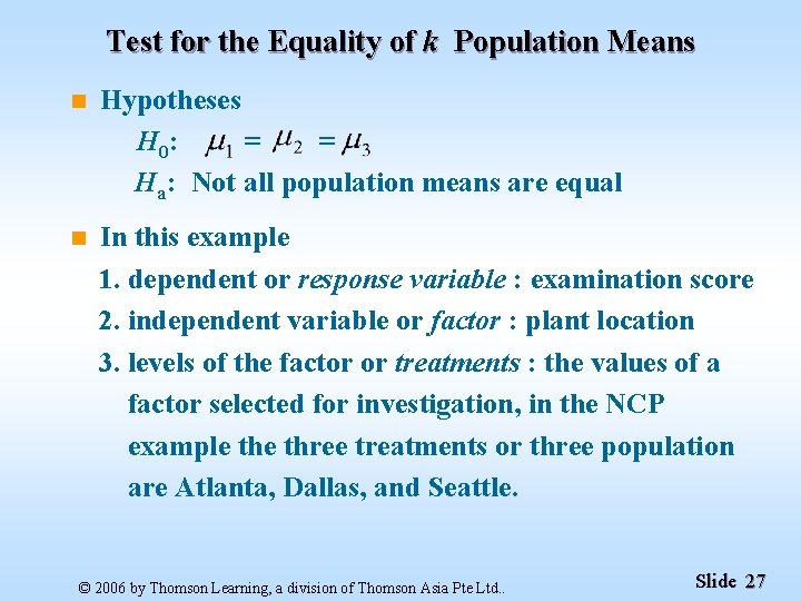 Test for the Equality of k Population Means n Hypotheses H 0: = =
