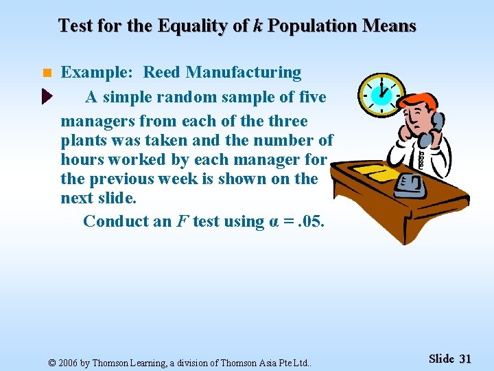 Test for the Equality of k Population Means n Example: Reed Manufacturing A simple