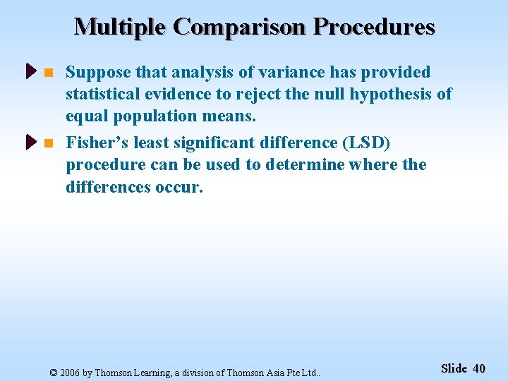 Multiple Comparison Procedures n n Suppose that analysis of variance has provided statistical evidence