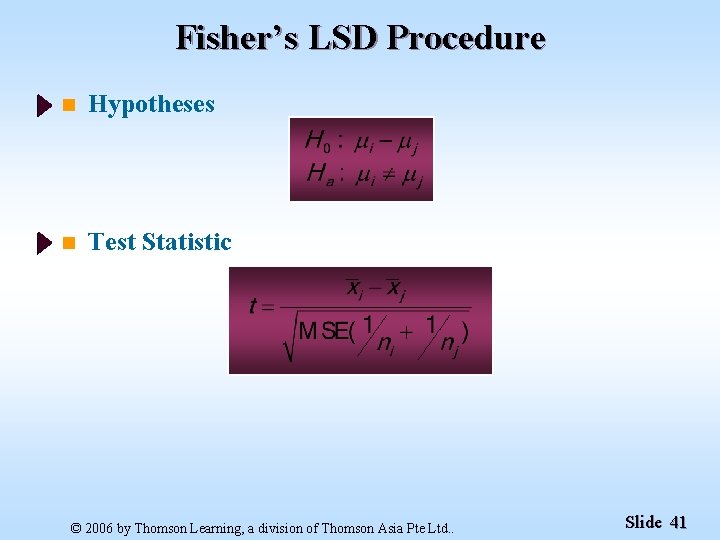 Fisher’s LSD Procedure n Hypotheses n Test Statistic © 2006 by Thomson Learning, a