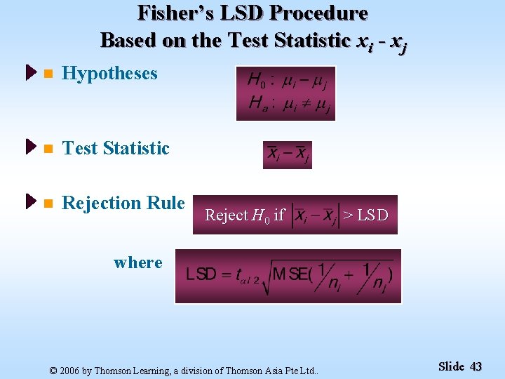 Fisher’s LSD Procedure Based on the Test Statistic xi - xj n Hypotheses n