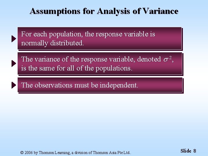 Assumptions for Analysis of Variance For each population, the response variable is normally distributed.