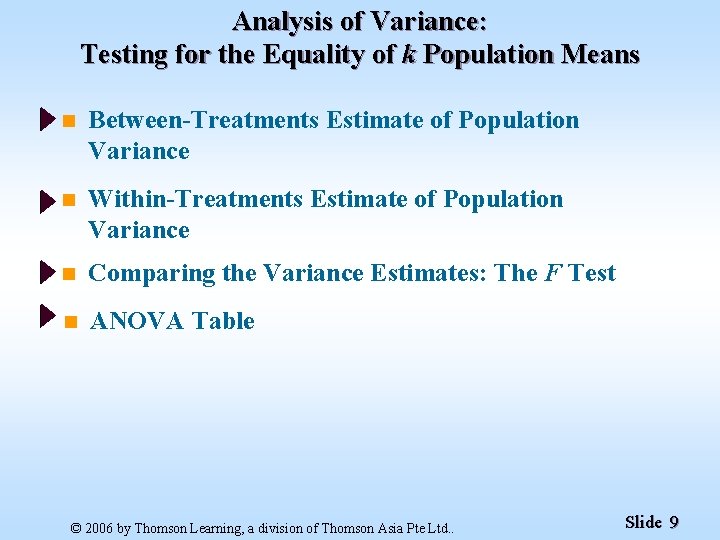 Analysis of Variance: Testing for the Equality of k Population Means n Between-Treatments Estimate