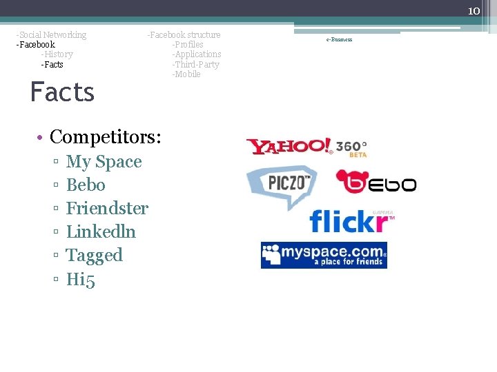 10 -Social Networking -Facebook -History -Facts -Facebook structure -Profiles -Applications -Third-Party -Mobile • Competitors: