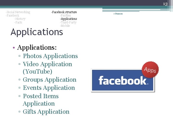 13 -Social Networking -Facebook -History -Facts -Facebook structure -Profiles -Applications -Third-Party -Mobile Applications •