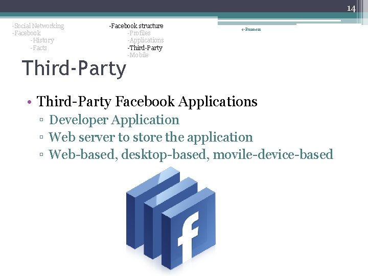 14 -Social Networking -Facebook -History -Facts -Facebook structure -Profiles -Applications -Third-Party -Mobile e-Business Third-Party