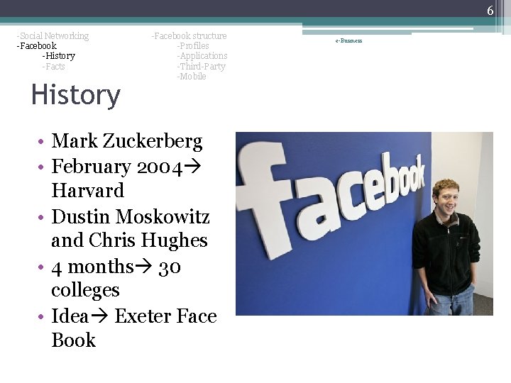 6 -Social Networking -Facebook -History -Facts History -Facebook structure -Profiles -Applications -Third-Party -Mobile •