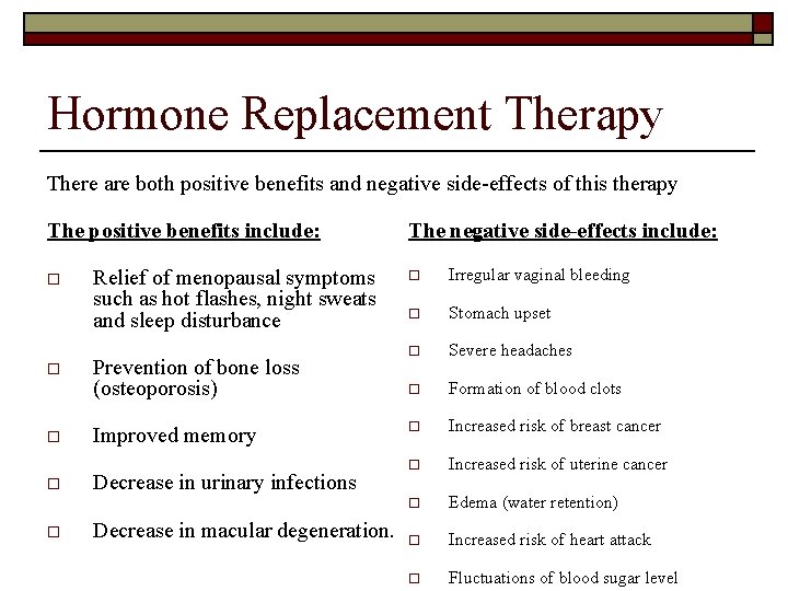 Hormone Replacement Therapy There are both positive benefits and negative side-effects of this therapy